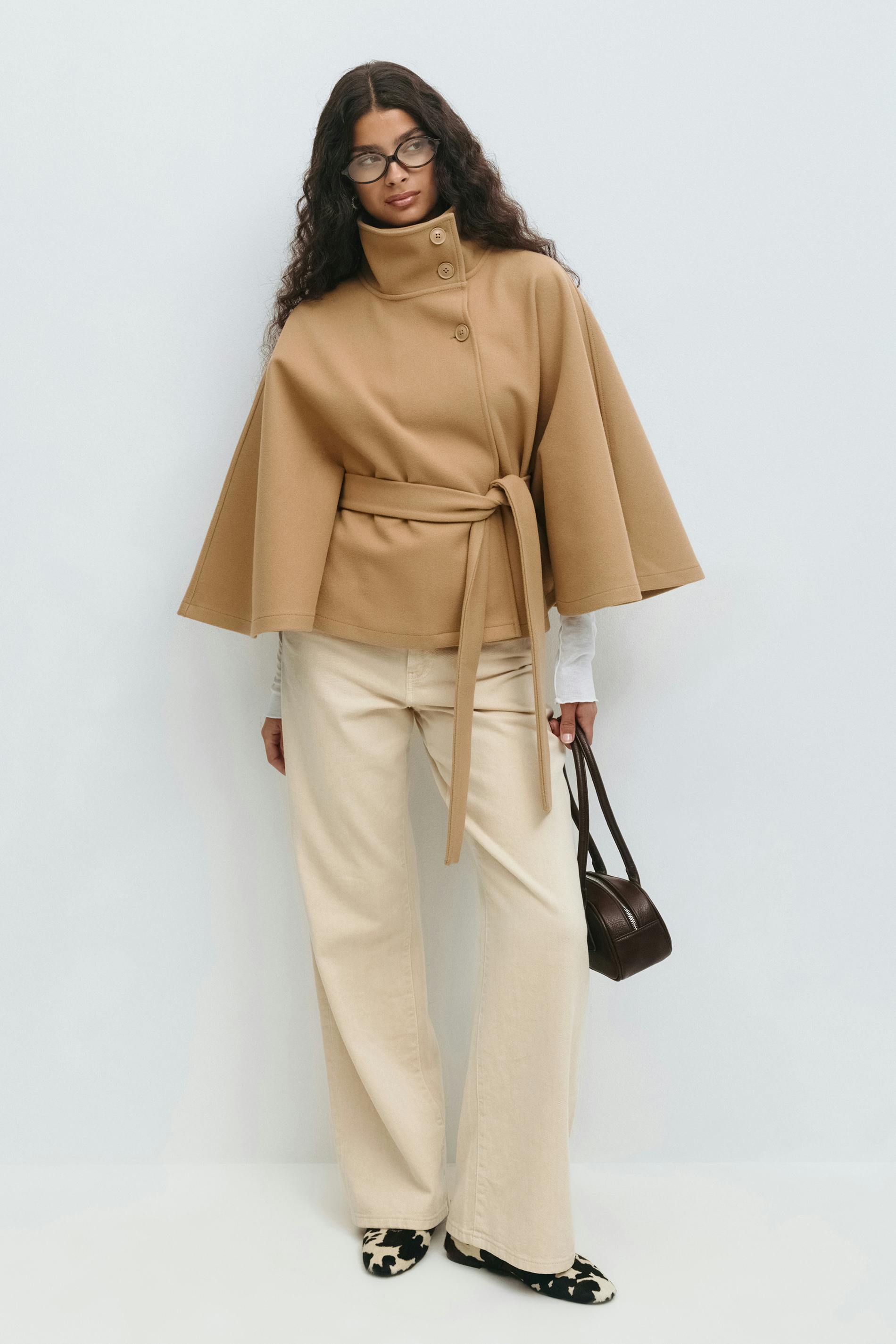 Women's Belted Cape Jacket Funnel Neck Batwing Sleeve Stylish Layering