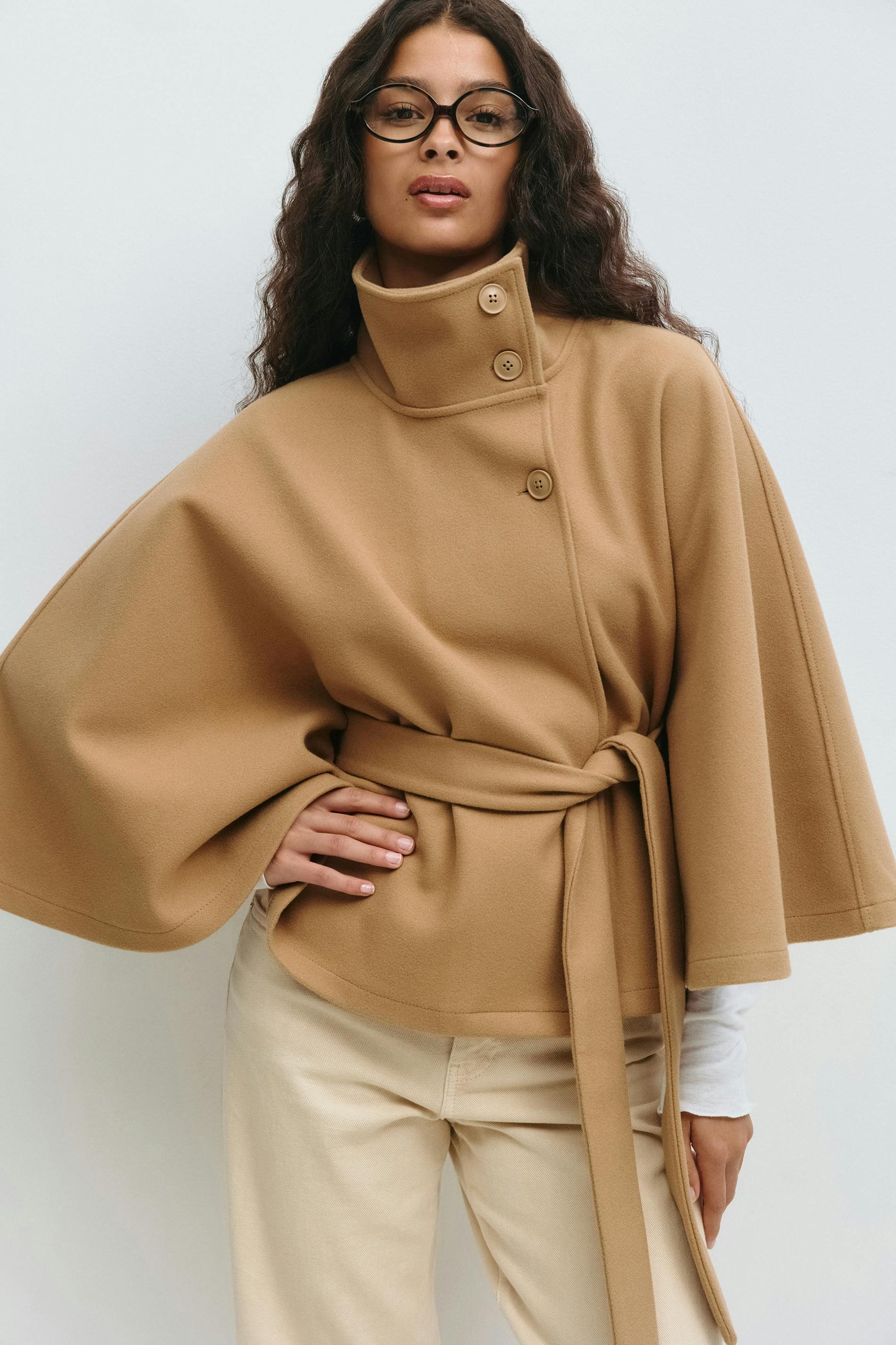 Women's Belted Cape Jacket Funnel Neck Batwing Sleeve Stylish Layering
