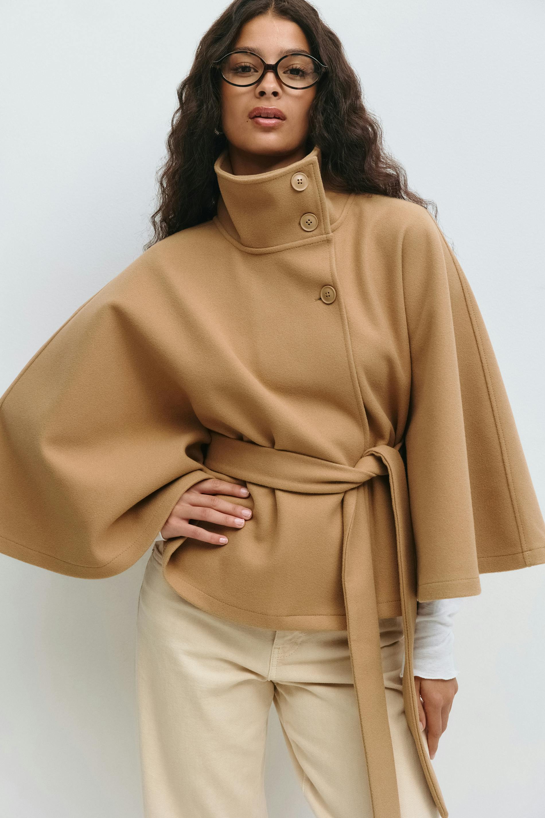 Women's Belted Cape Jacket Funnel Neck Batwing Sleeve Stylish Layering