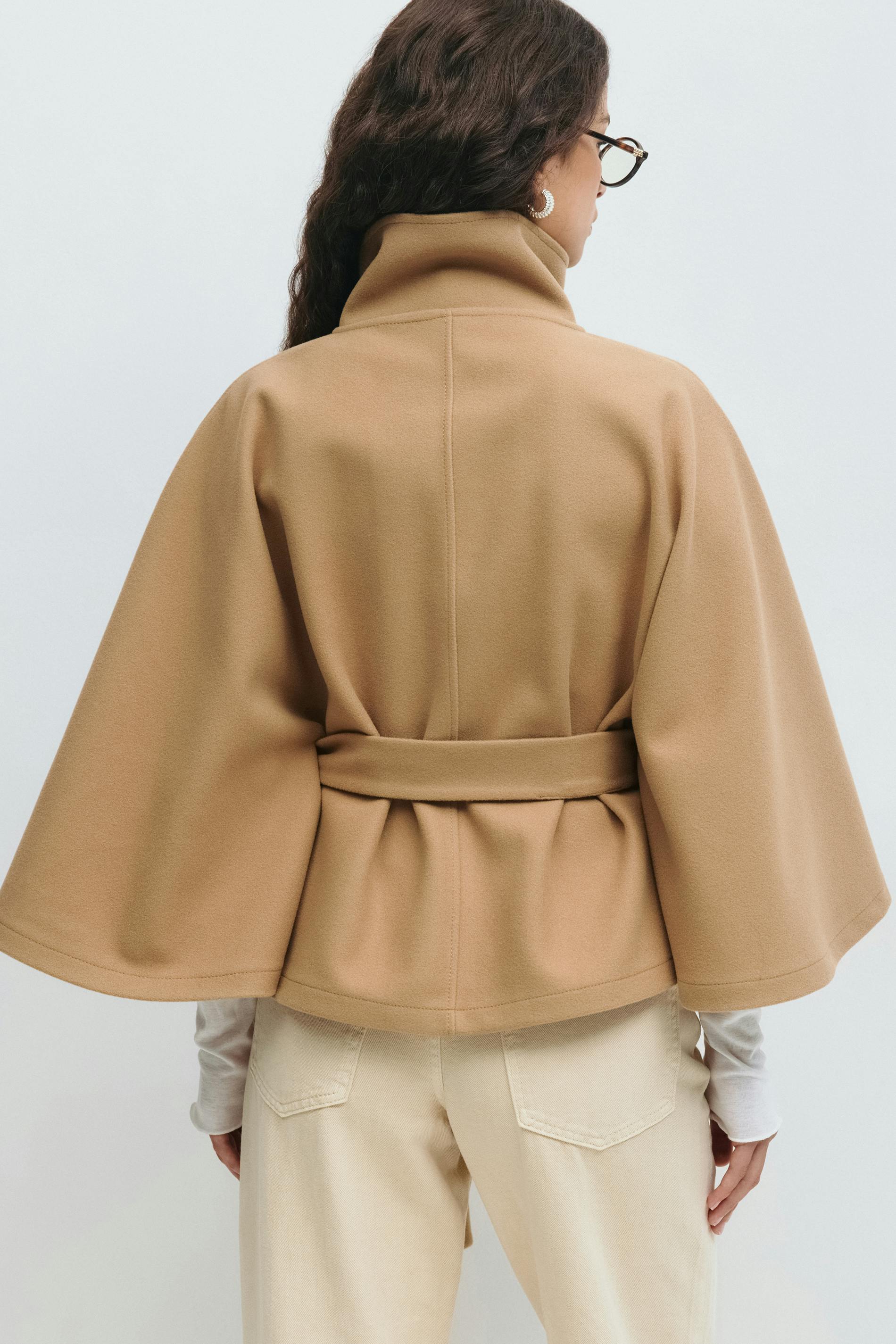 Women's Belted Cape Jacket Funnel Neck Batwing Sleeve Stylish Layering