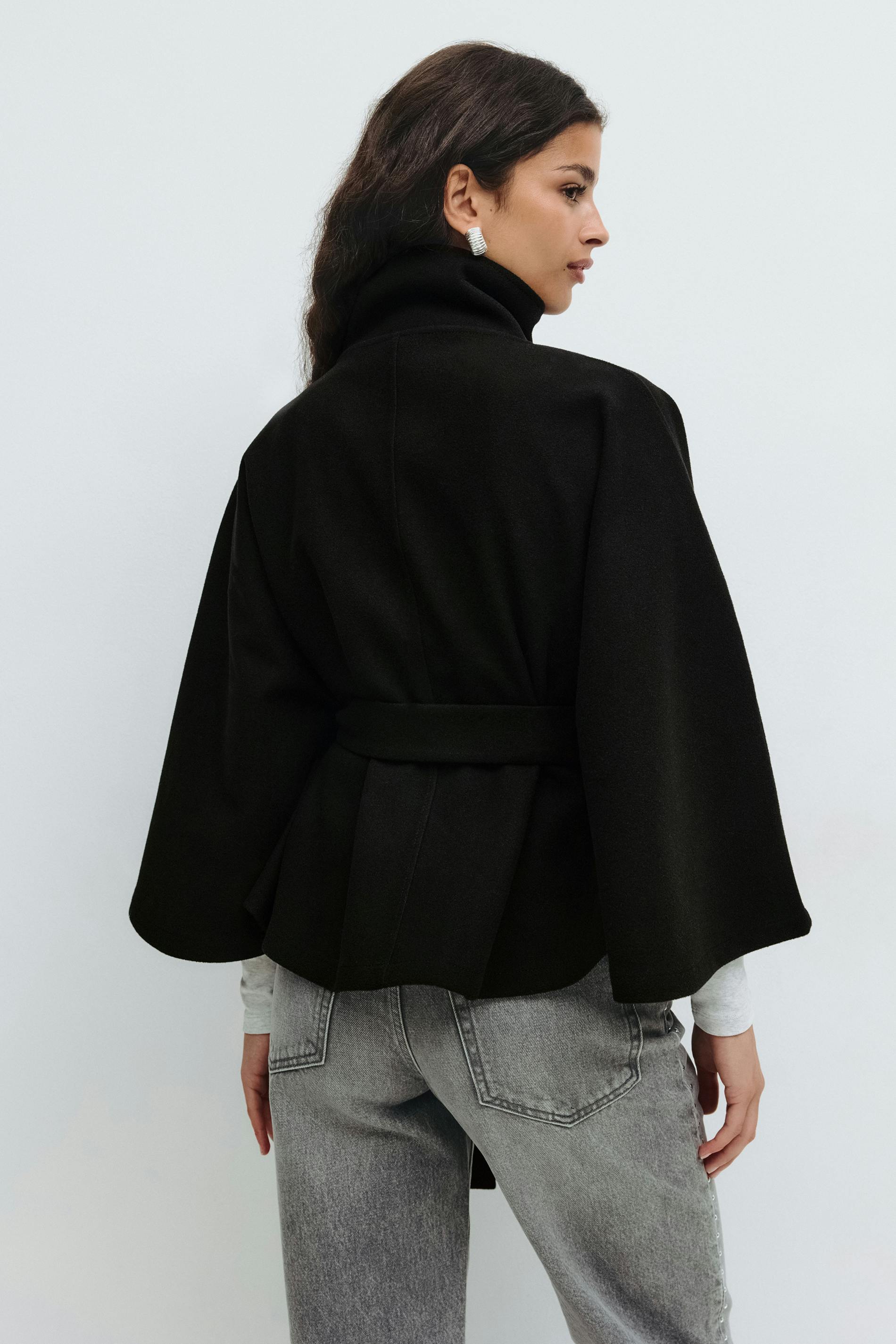 Women's Belted Cape Jacket Funnel Neck Batwing Sleeve Stylish Layering