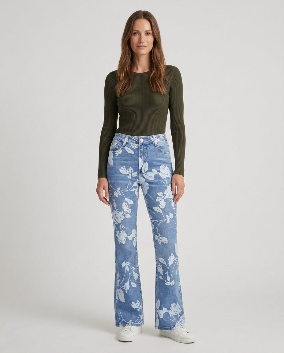 Women's Floral Print Flare Leg Denim Jeans