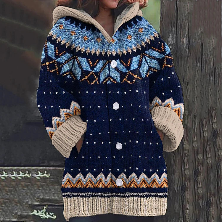 Women's Cardigan Hooded Norwegian Pattern Relaxed Fit Cozy Layering