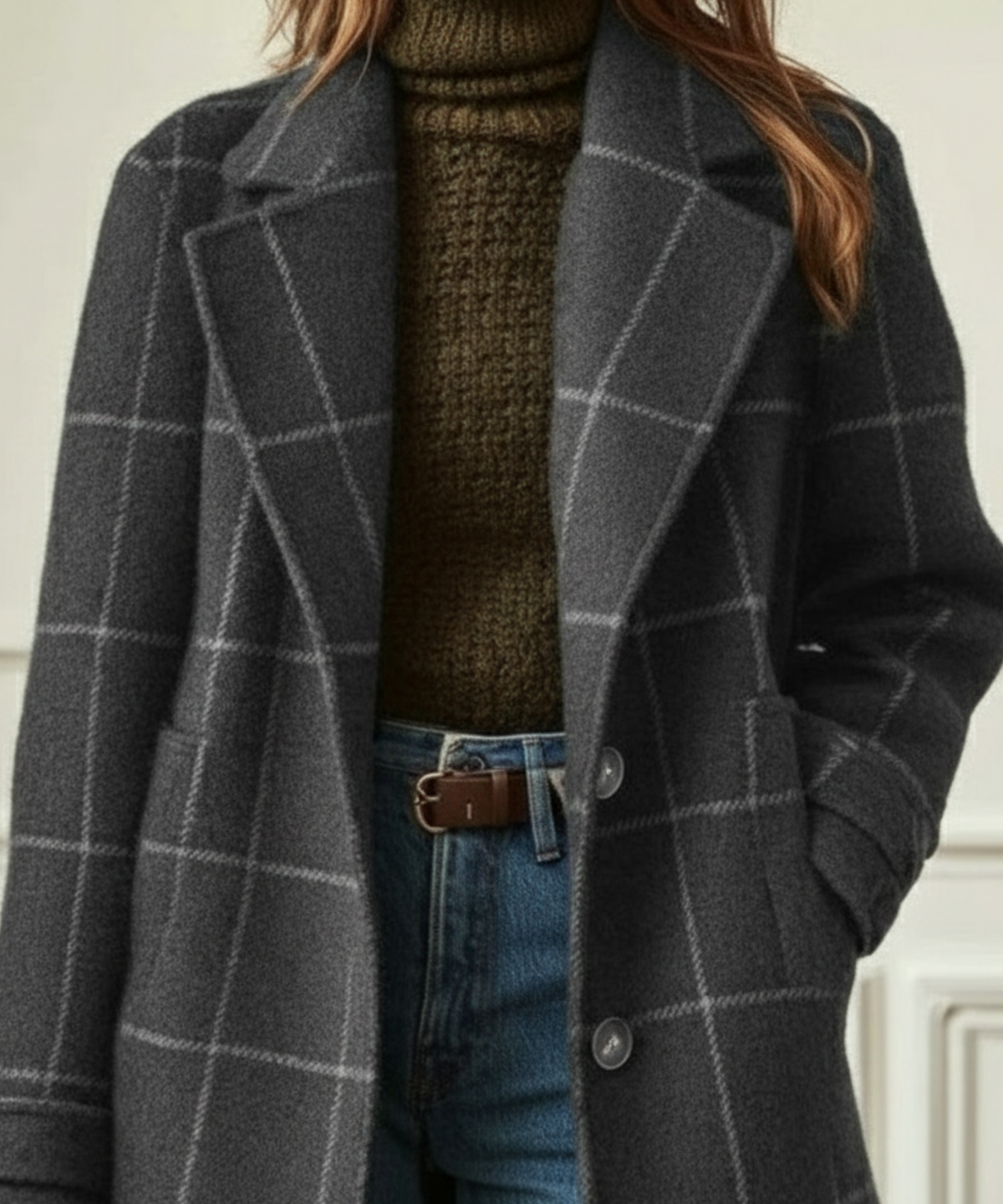 Women's Check Pattern Overcoat Tailored Fit Long Sleeve Button Closure Stylish Everyday