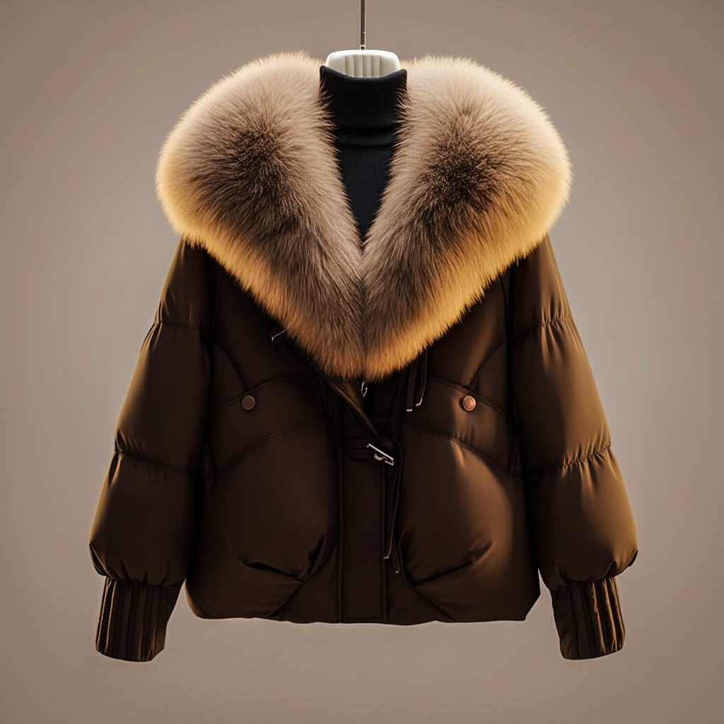Women's Glossy Puffer Jacket Oversized Faux Fur Collar Stylish Layering