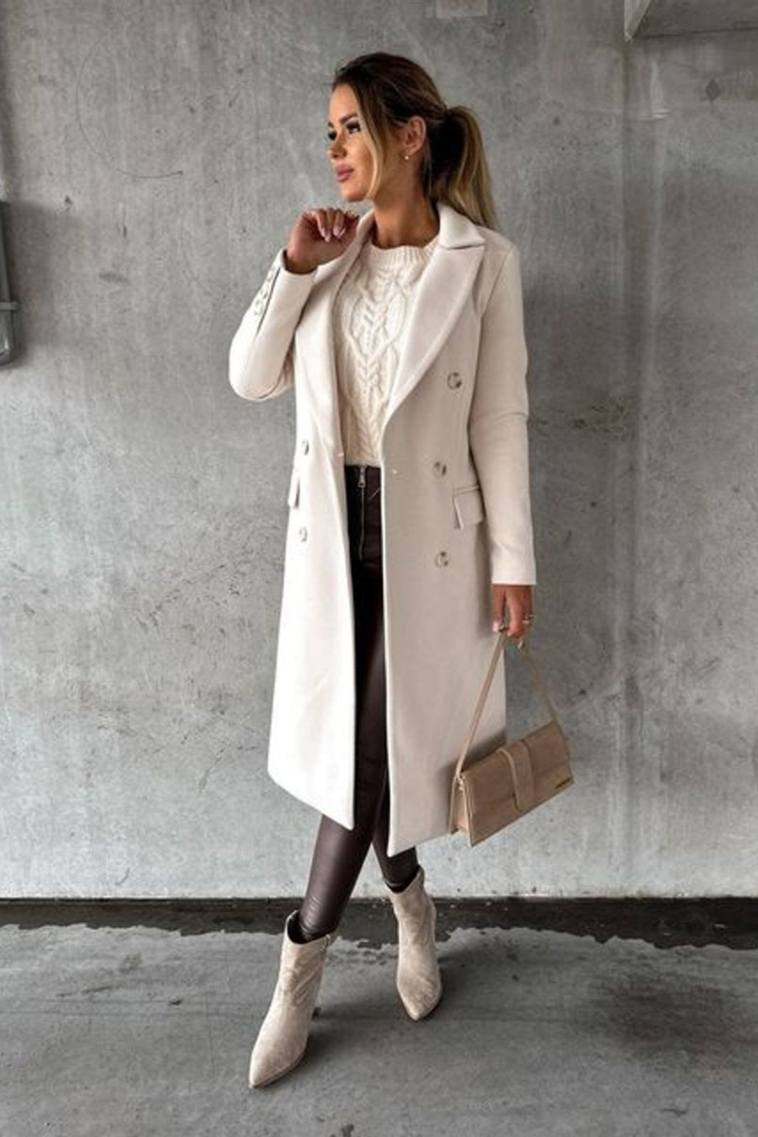 Women's Double Breasted Midi Overcoat Tailored Fit Classic Collar Button-Front Stylish Layering