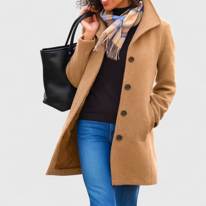 Women's Elegant Long Coat Tailored Fit Notched Lapel Classic Style Outerwear
