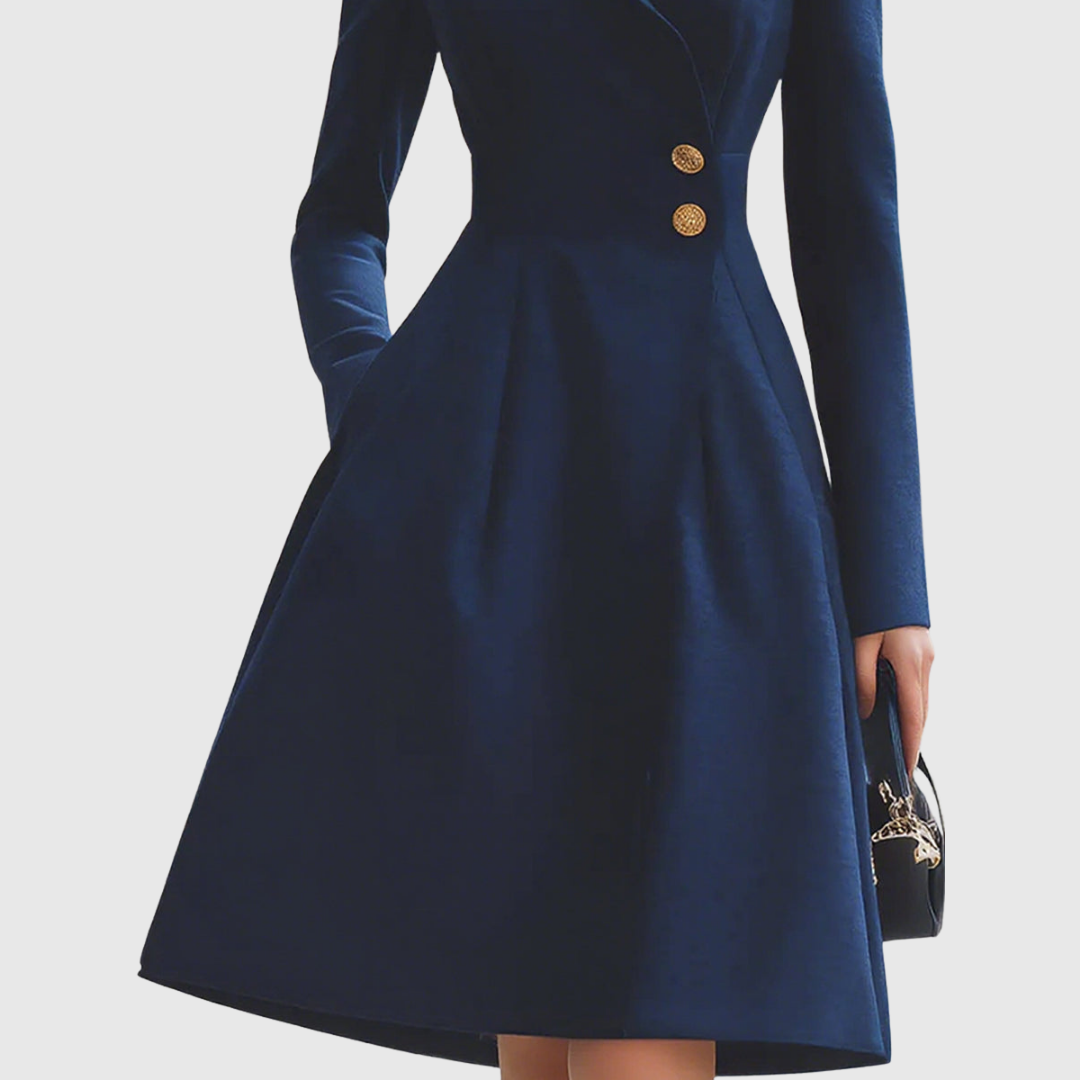 Women's Tailored Fit Coat Dress Long Sleeve Notched Collar Button Closure Midi