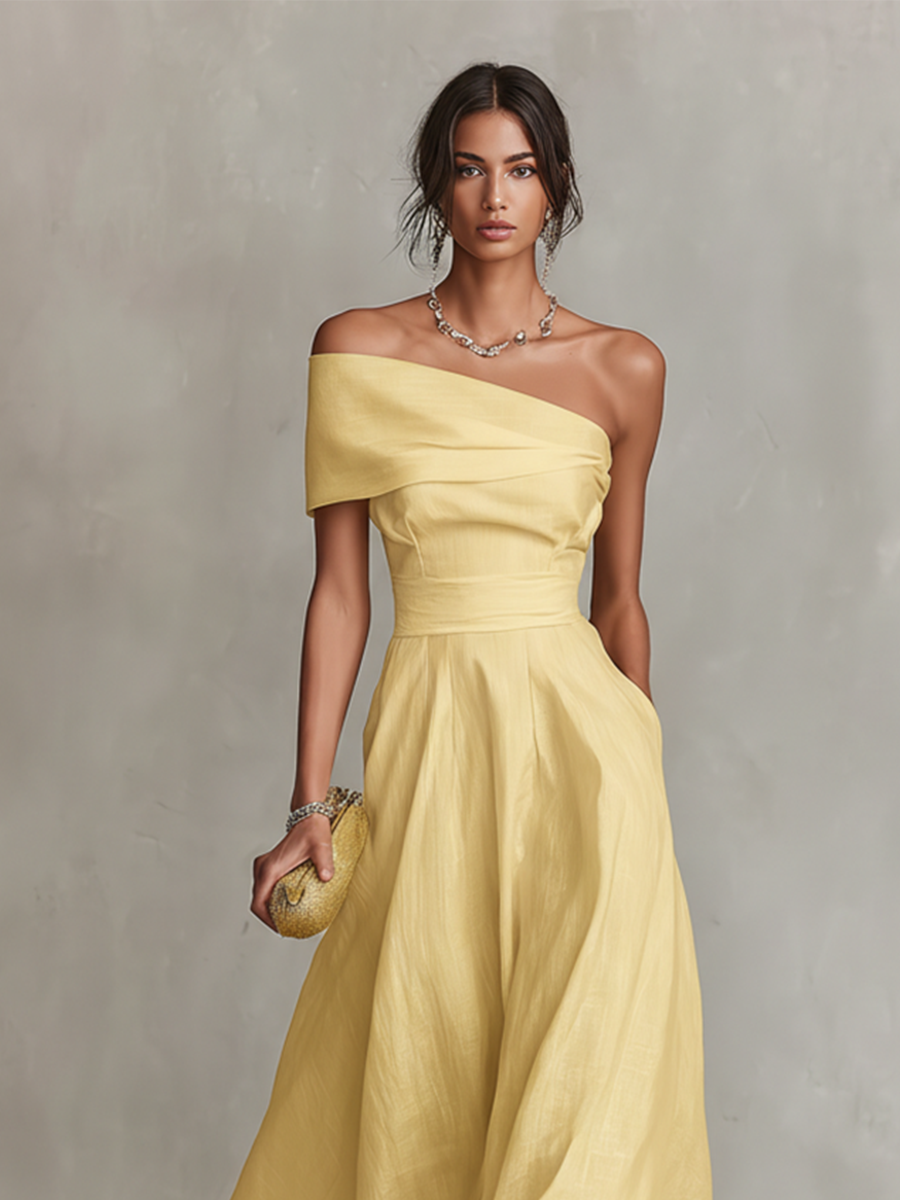 Women's Yellow Midi One-Shoulder Dress Outfit for Summer Holidays Weddings Parties and Everyday Wear