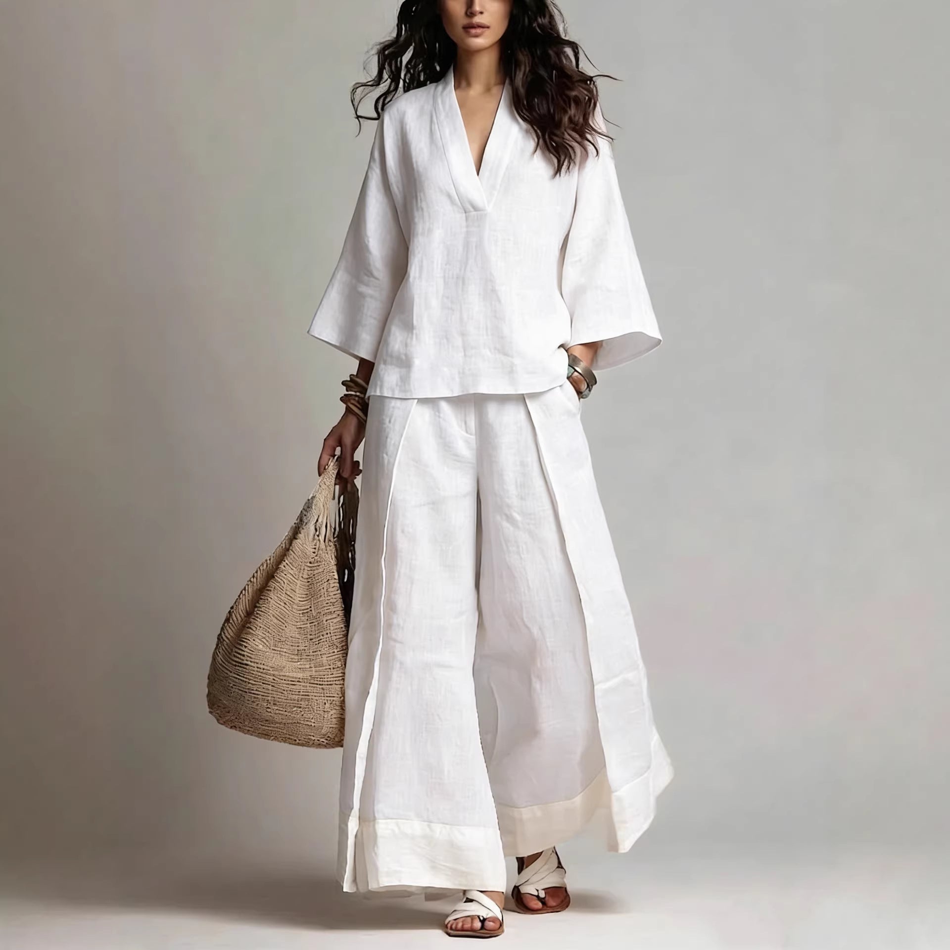 Women's Casual V-Neck Shirt Wide-Leg Pants Set Outfit for Work Brunch Casual Days and Everyday Wear
