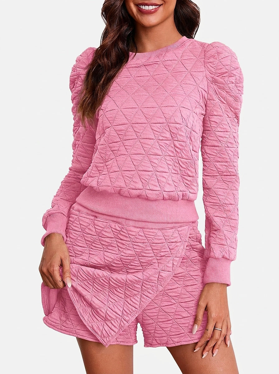 Women’s Two-Piece Lounge Set with Quilted Sweatshirt and Wrap Skort