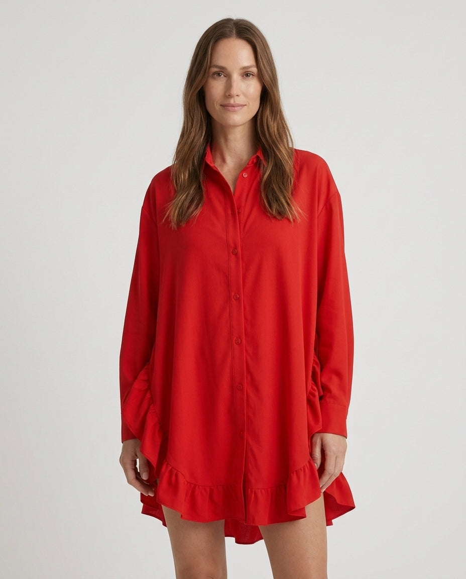 Women's Shirt With Ruffle Hem and Button Front