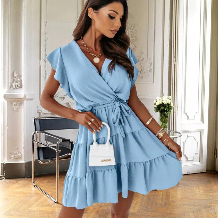 Women's Floral Print Wrap Mini Dress Outfit for Summer Holidays Weddings Parties and Everyday Wear