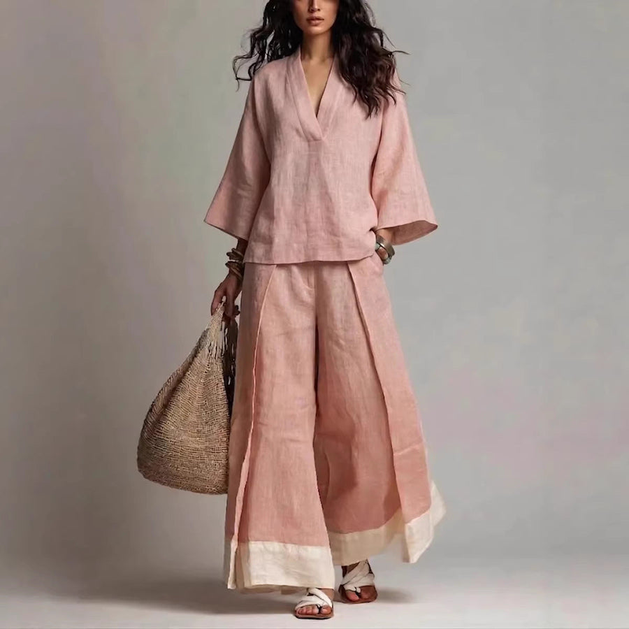 Women's Casual V-Neck Shirt Wide-Leg Pants Set Outfit for Work Brunch Casual Days and Everyday Wear
