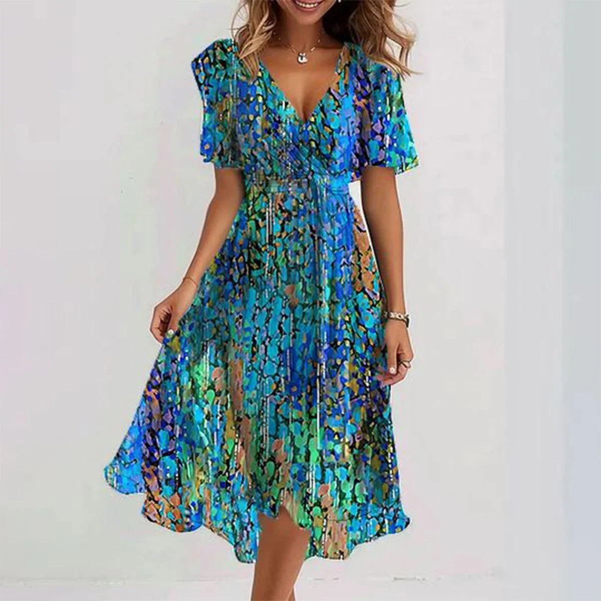 Women's Colourful Artistic Midi Dress Outfit for Summer Holidays Weddings Parties and Everyday Wear