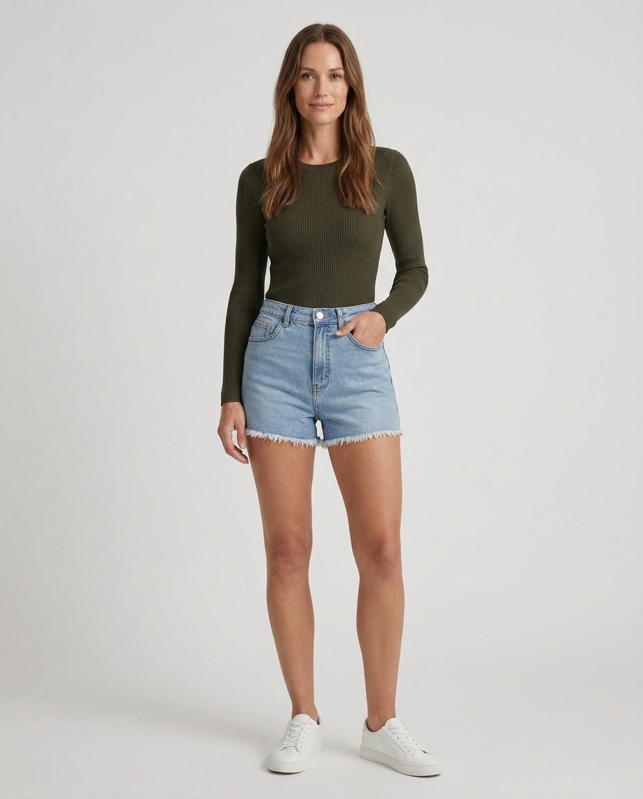 Women's High Waist Denim Shorts with Frayed Hem
