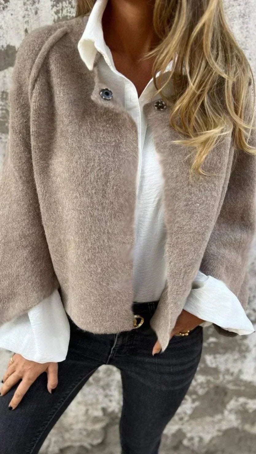 Women's Knitted Open Front Cardigan Long Sleeve Snap Collar Casual Layering