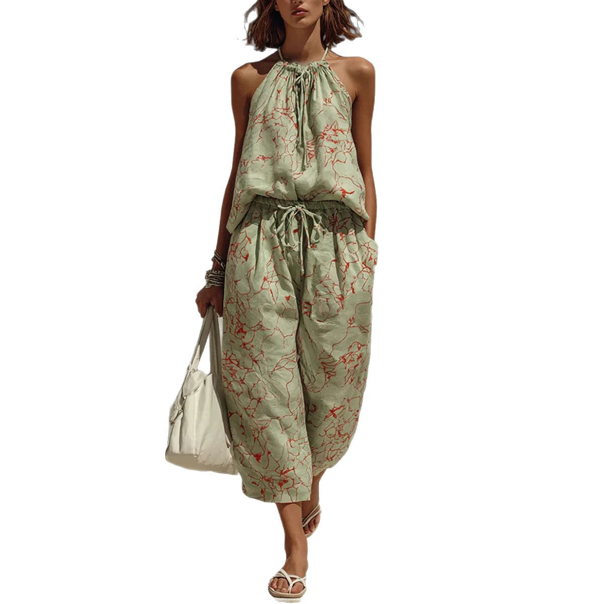 Women's Fashion Minimalist Digital-Print Backless Camisole Cropped Wide-Leg Pants Set Outfit for Work Casual Days Holidays and
