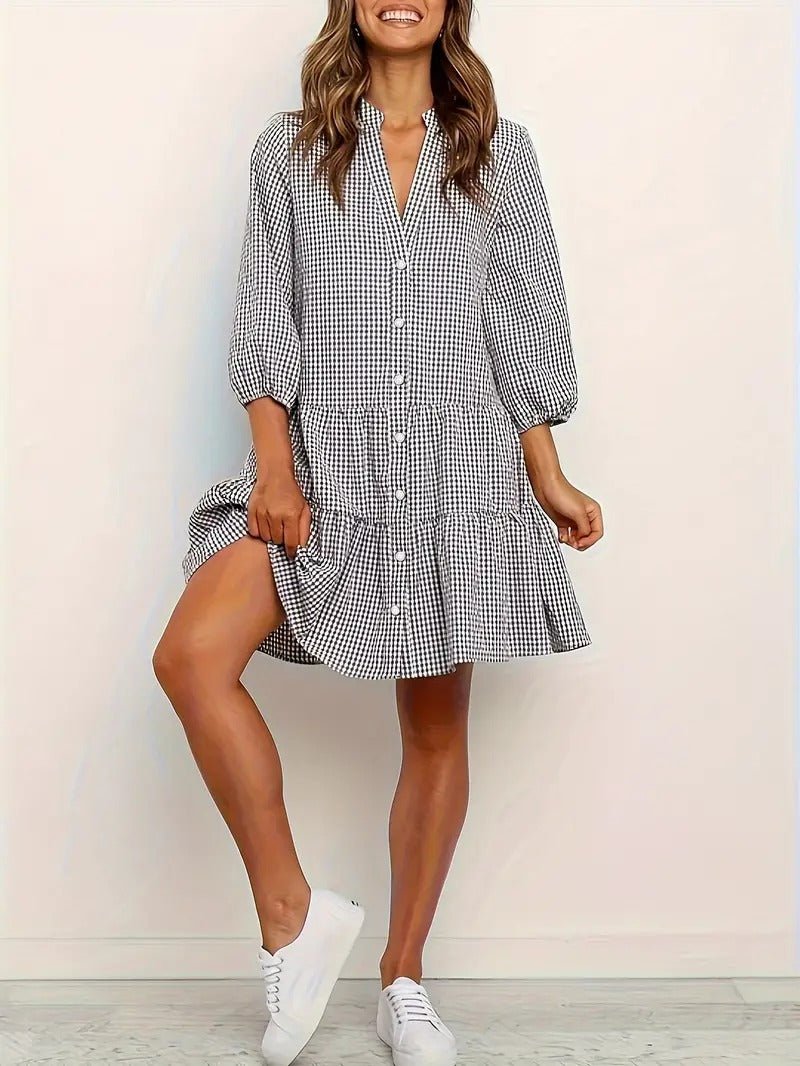 Women's Gingham Print Mini Dress Outfit for Summer Holidays Weddings Parties and Everyday Wear