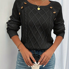 Women's Elegant Cable Knit Sweater Crewneck Long Sleeve Button Detail Stylish