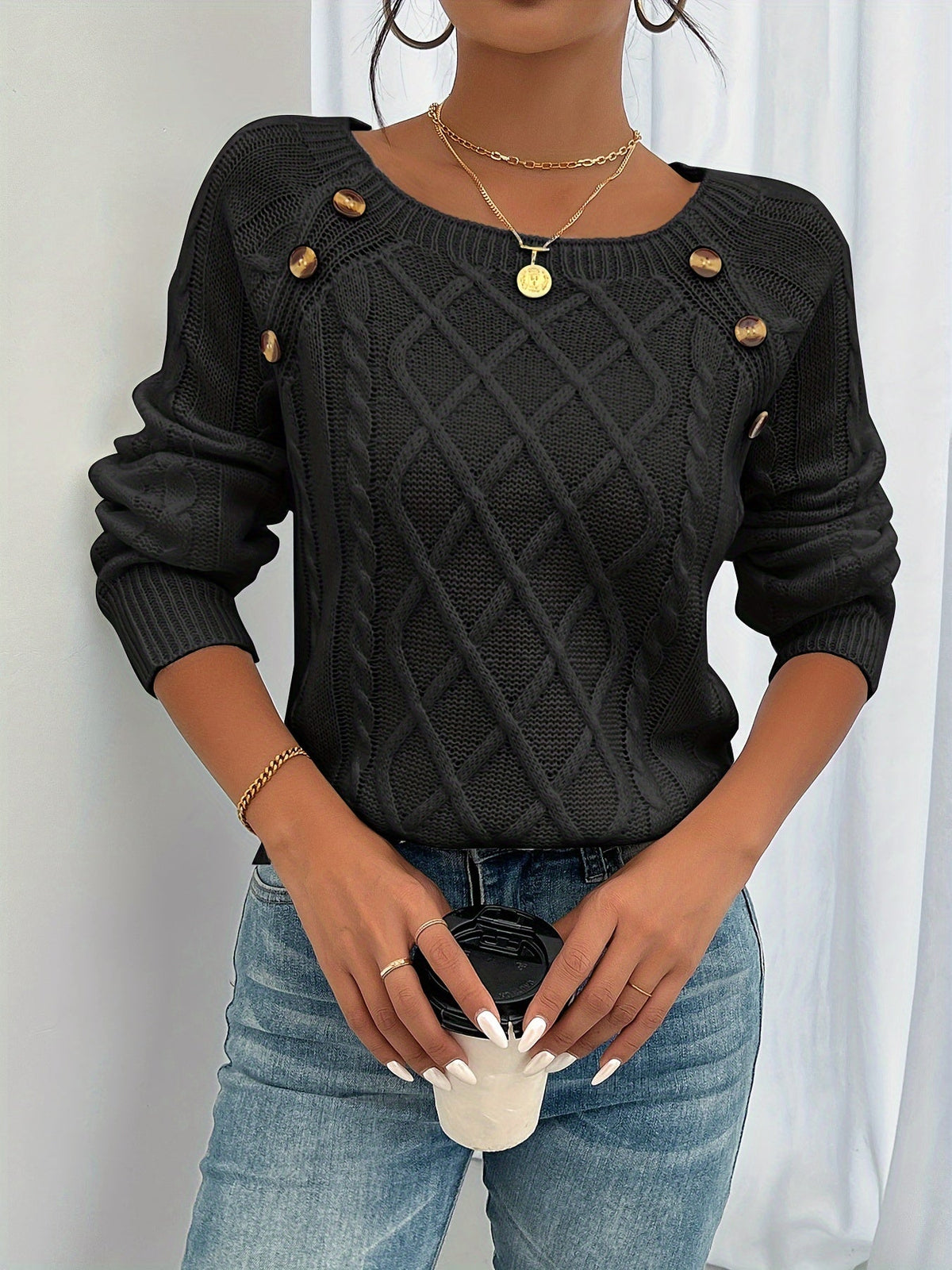 Women's Elegant Cable Knit Sweater Crewneck Long Sleeve Button Detail Stylish