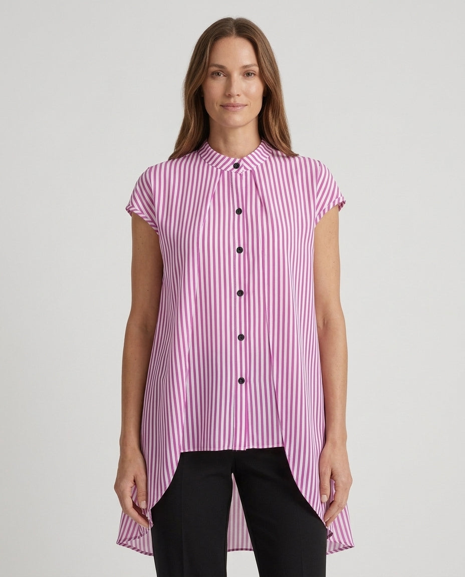 Women’s Striped Shirt with Button Front and Round Neck