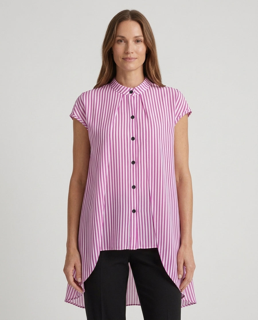 Women’s Striped Shirt with Button Front and Round Neck