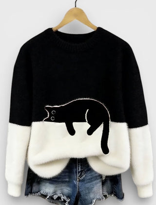 Women's Fluffy Color Block Sweater Classic Crewneck Relaxed Fit Casual Wear