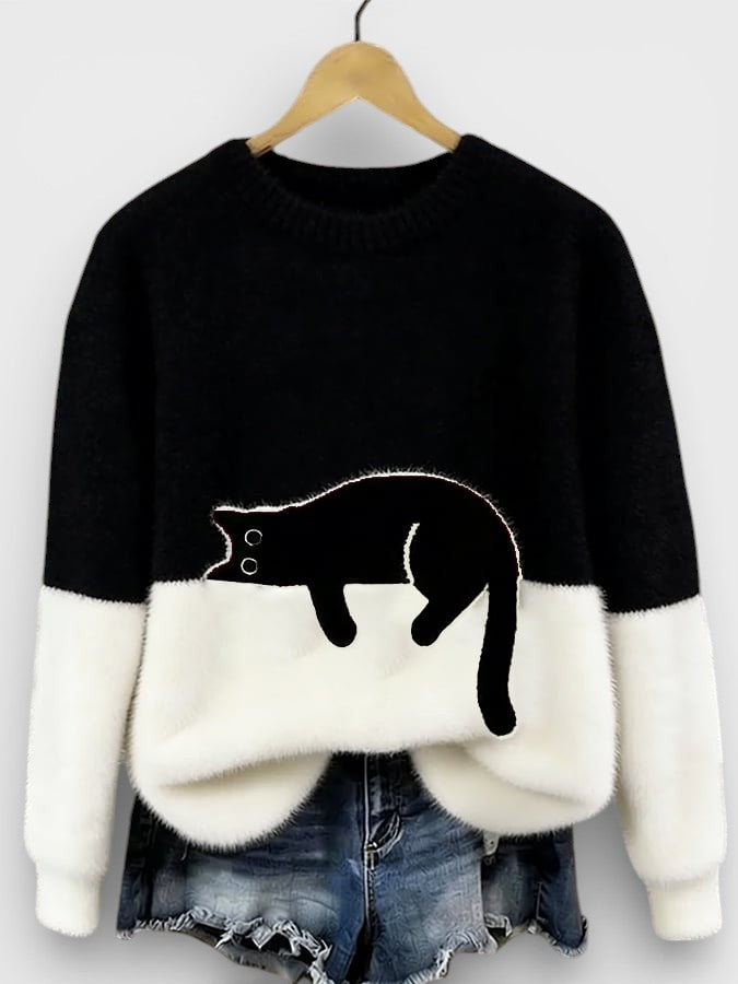 Women's Fluffy Color Block Sweater Classic Crewneck Relaxed Fit Casual Wear