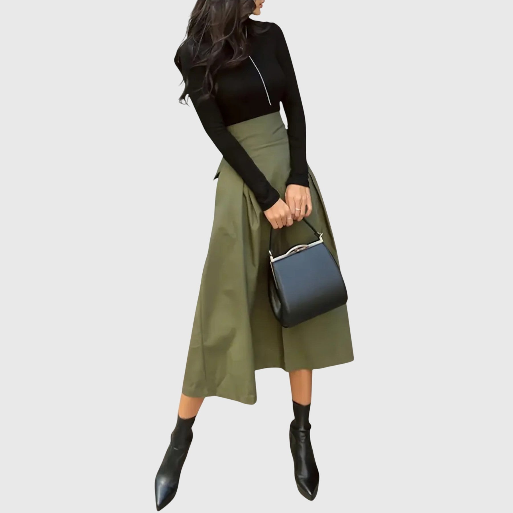Women's Flowing Midi Skirt Outfit for Work Brunch Parties Holidays and Everyday Wear