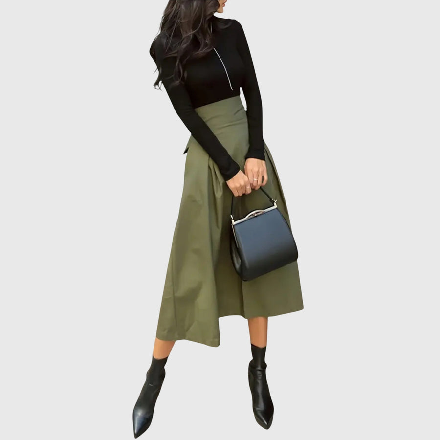 Women's Flowing Midi Skirt Outfit for Work Brunch Parties Holidays and Everyday Wear