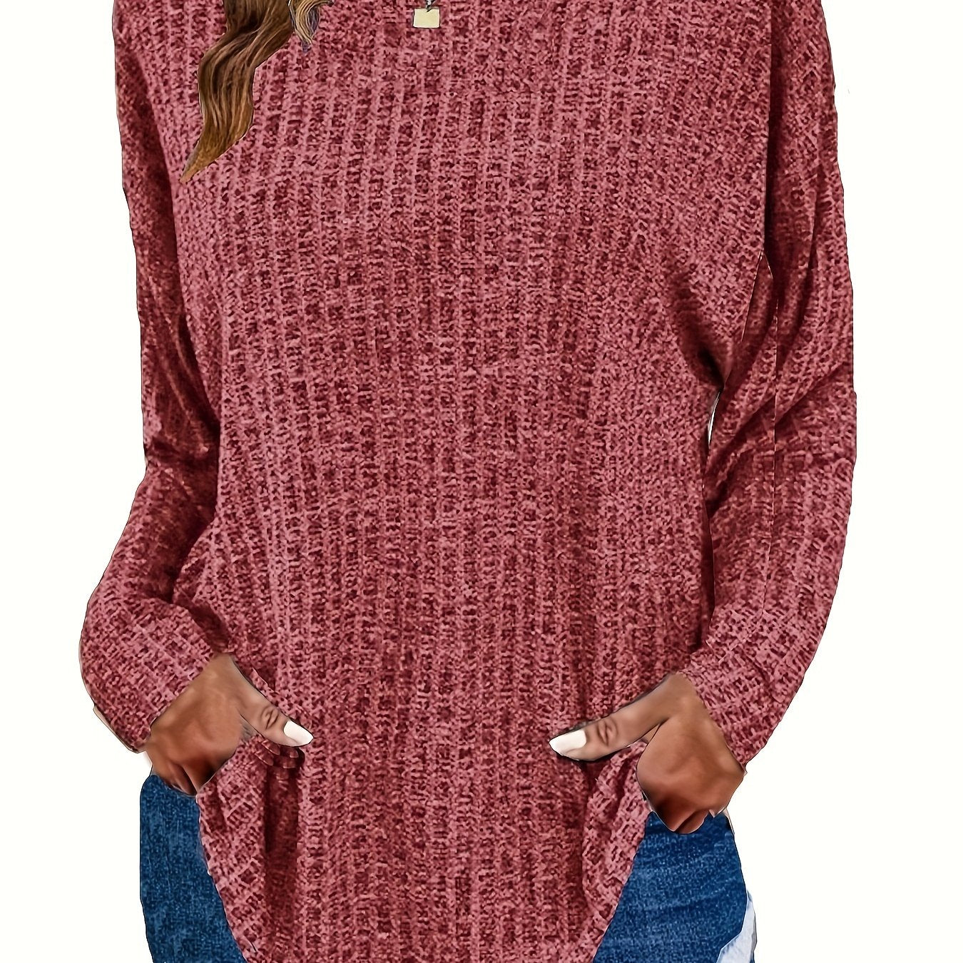 Women's Waffle Knit Tunic Sweater Curved Hem Long Sleeve Casual Everyday