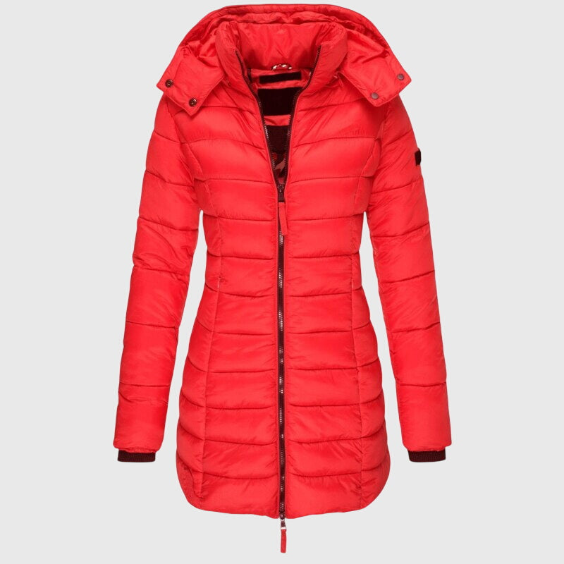 Women's Long Down Jacket Relaxed Fit Hooded Zip Closure Stylish Winter Outerwear