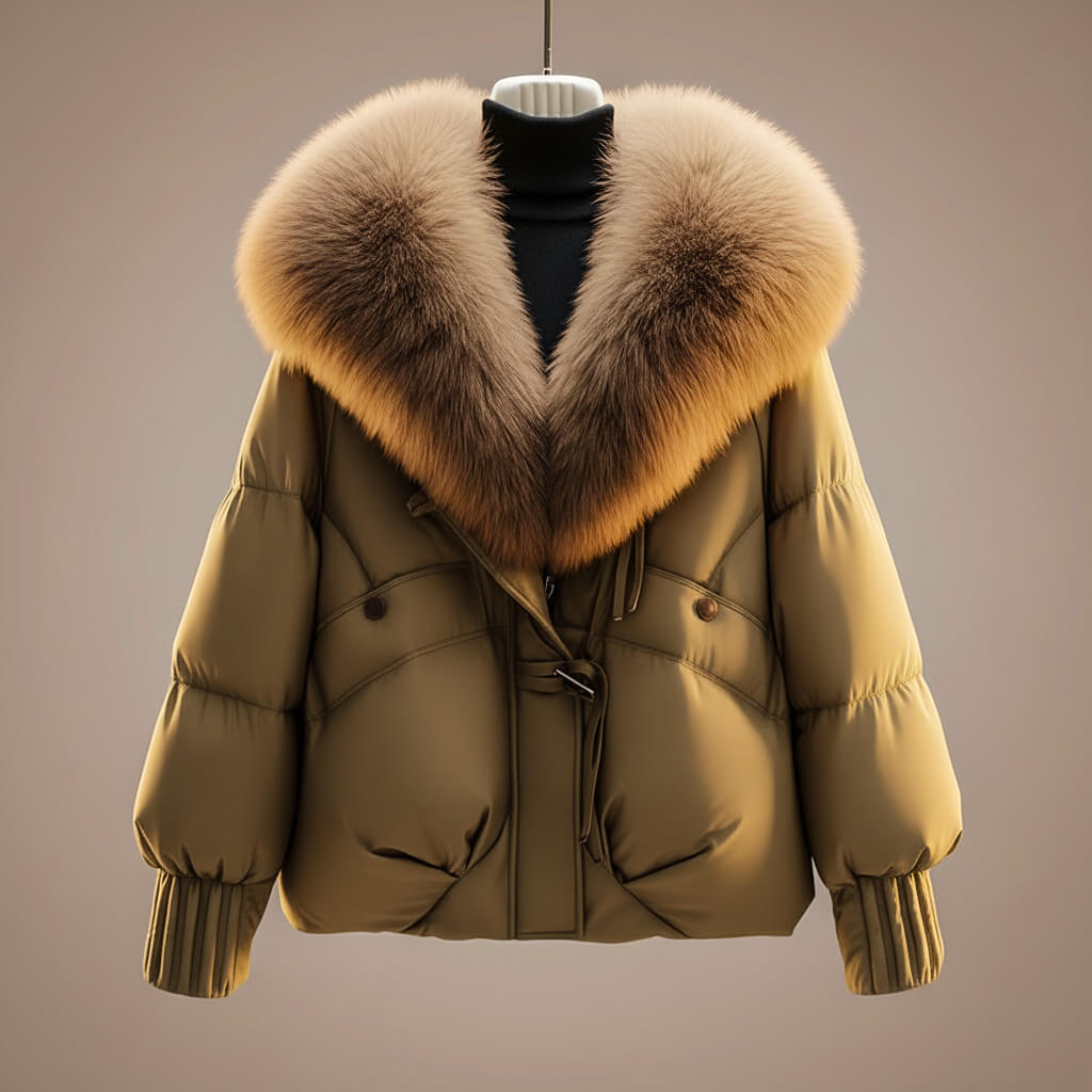 Women's Glossy Puffer Jacket Oversized Faux Fur Collar Stylish Layering