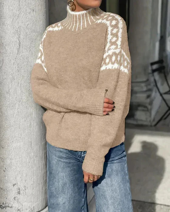 Women's Cozy Turtleneck Sweater Fair Isle Knit Relaxed Fit Casual Everyday