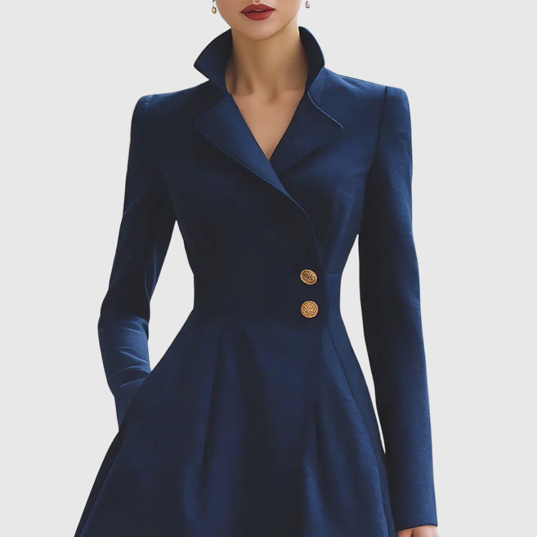Women's Tailored Fit Coat Dress Long Sleeve Notched Collar Button Closure Midi
