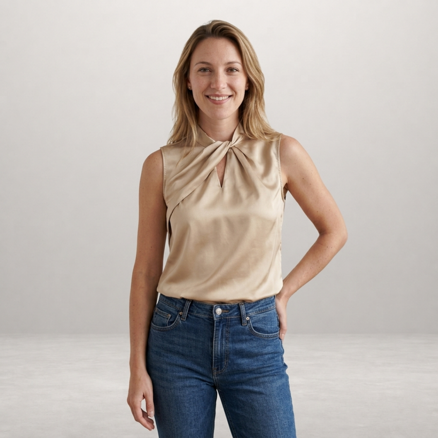 Women's Satin Twisted Neckline Blouse Outfit for Work Brunch Casual Days and Everyday Wear