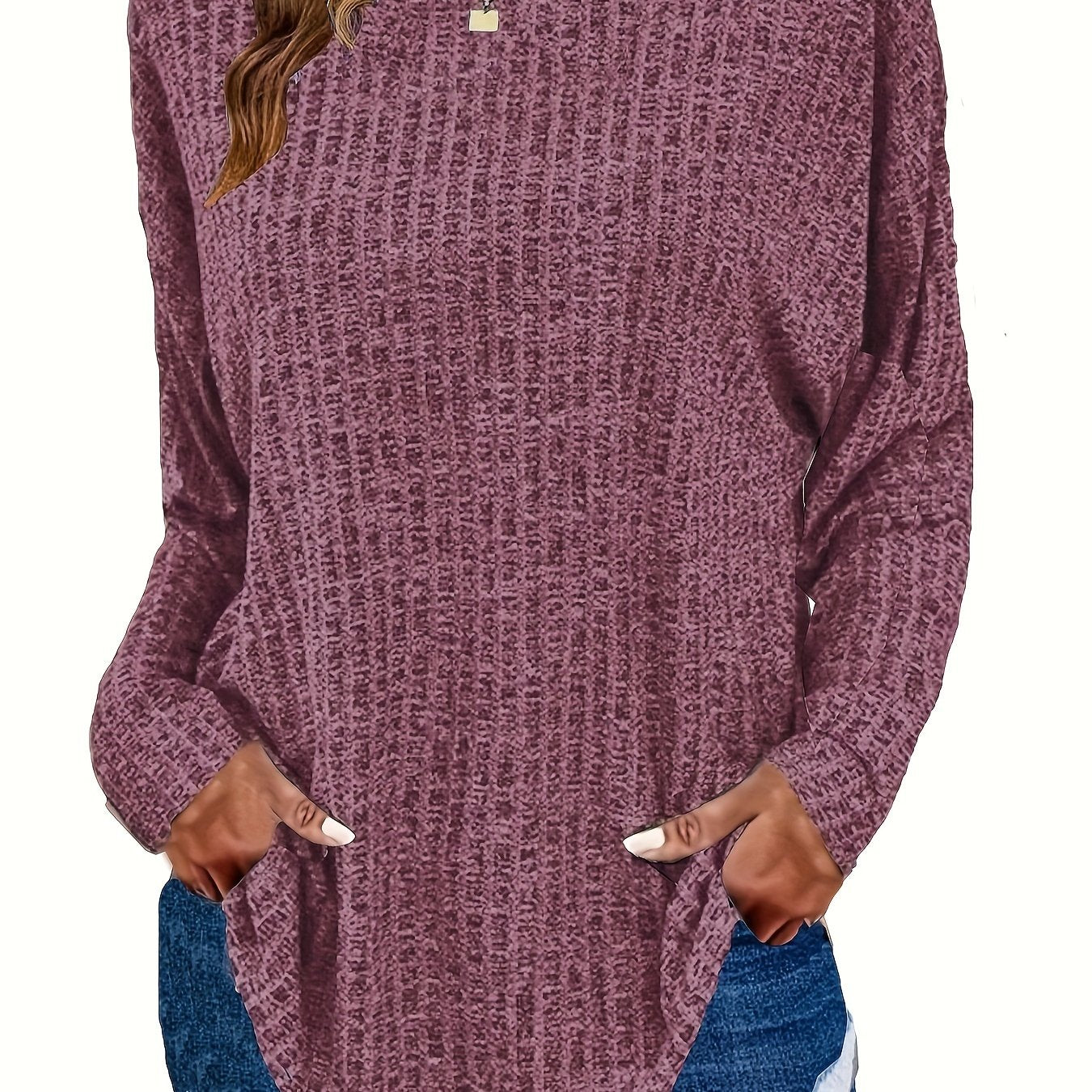 Women's Waffle Knit Tunic Sweater Curved Hem Long Sleeve Casual Everyday