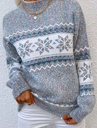 Women's Fair Isle Knit Sweater Mock Neck Long Sleeve Cozy Casual Stylish