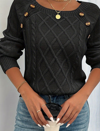 Women's Elegant Cable Knit Sweater Crewneck Long Sleeve Button Detail Stylish