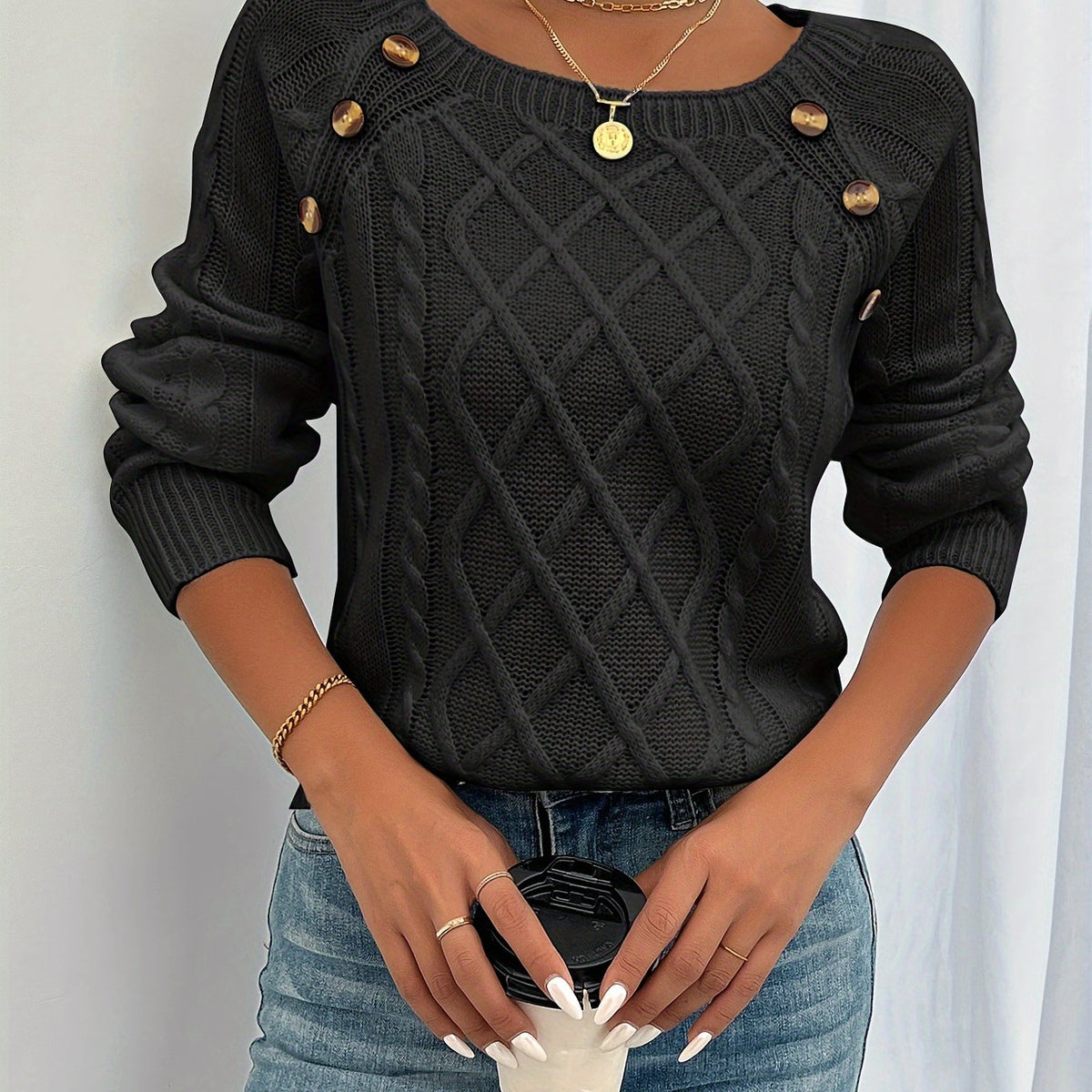 Women's Elegant Cable Knit Sweater Crewneck Long Sleeve Button Detail Stylish