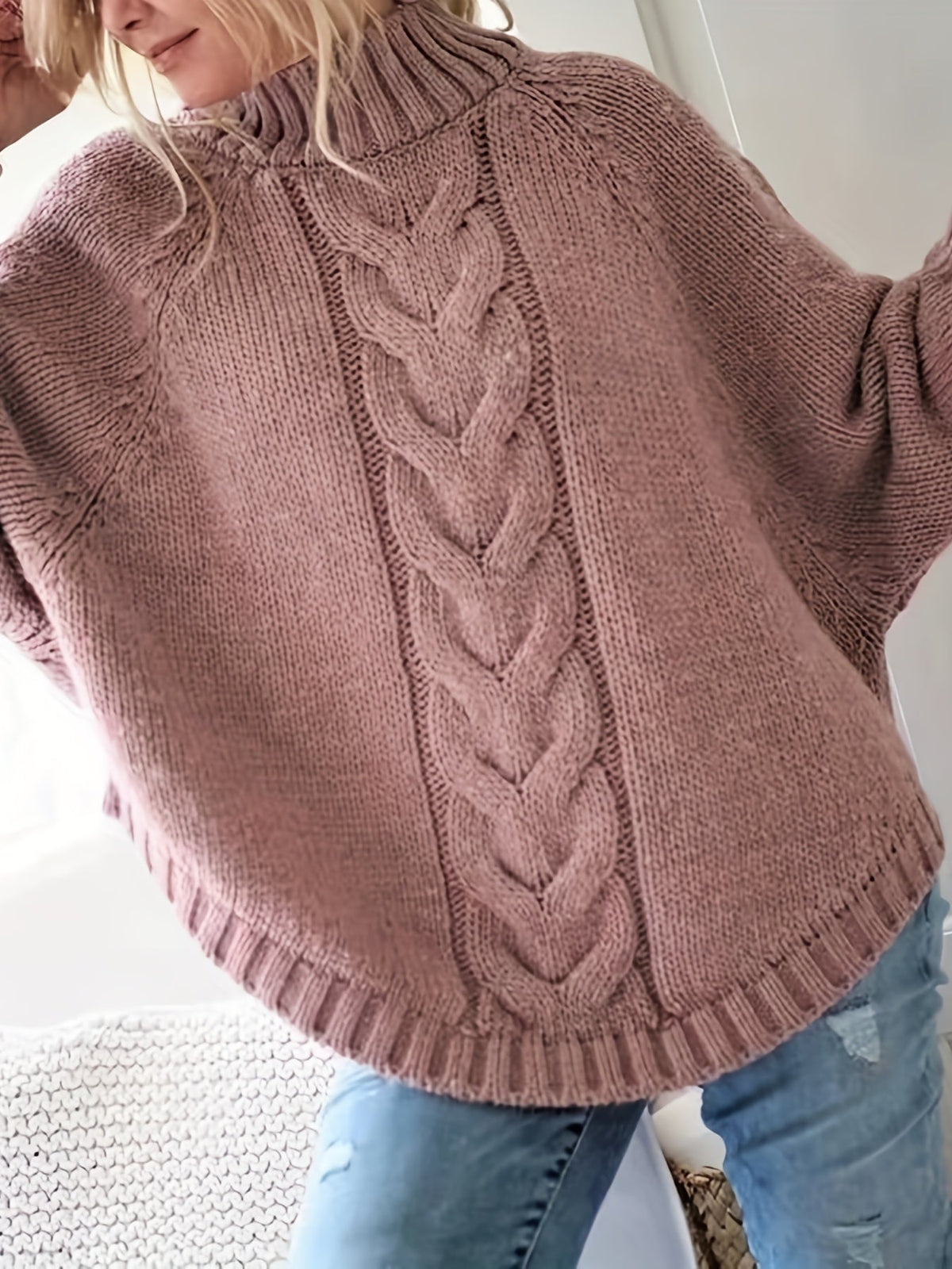 Women's Classic Cable Knit Mock Neck Sweater Cozy Fit Versatile Layering Casual Everyday