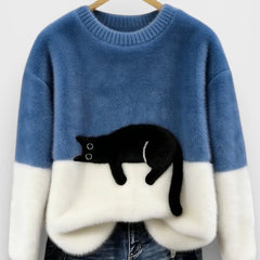 Women's Fluffy Color Block Sweater Classic Crewneck Relaxed Fit Casual Wear