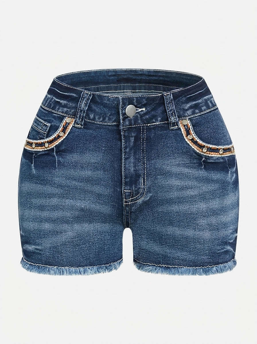 Women's Denim Shorts with Embellished Pockets