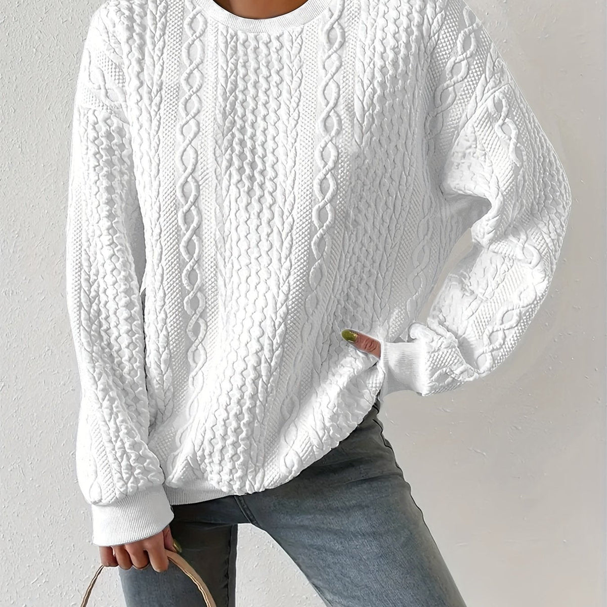 Women's Casual Cable Knit Sweatshirt Crewneck Relaxed Fit Everyday Wear