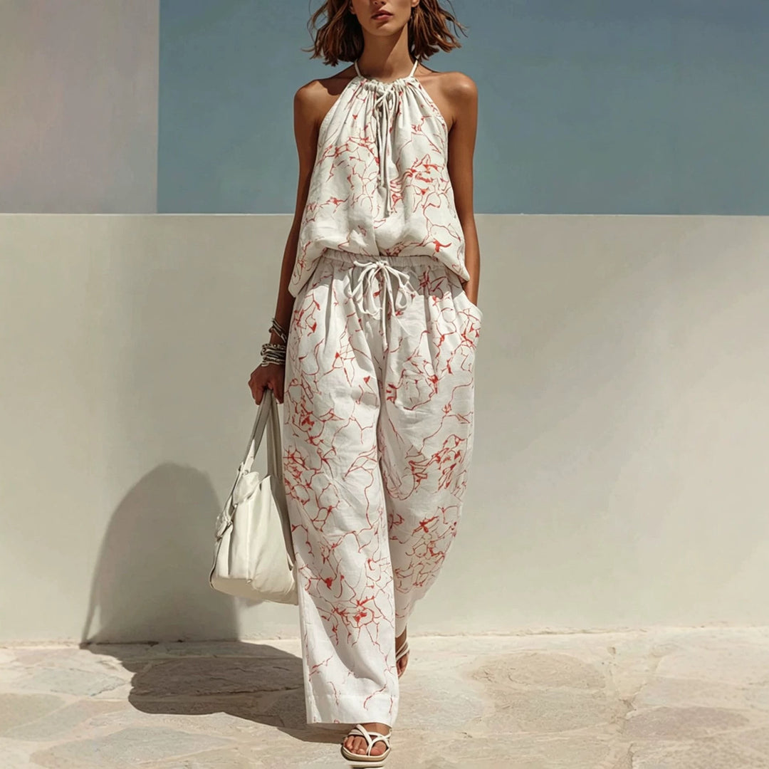 Women’s Fashion Minimalist Digital-Print Backless Camisole and Cropped Wide-Leg Pants Set | Chic