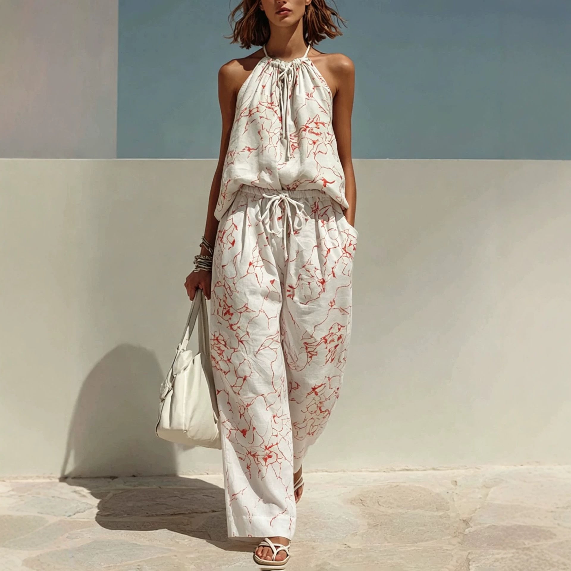 Women's Fashion Minimalist Digital-Print Backless Camisole Cropped Wide-Leg Pants Set Outfit for Work Casual Days Holidays and