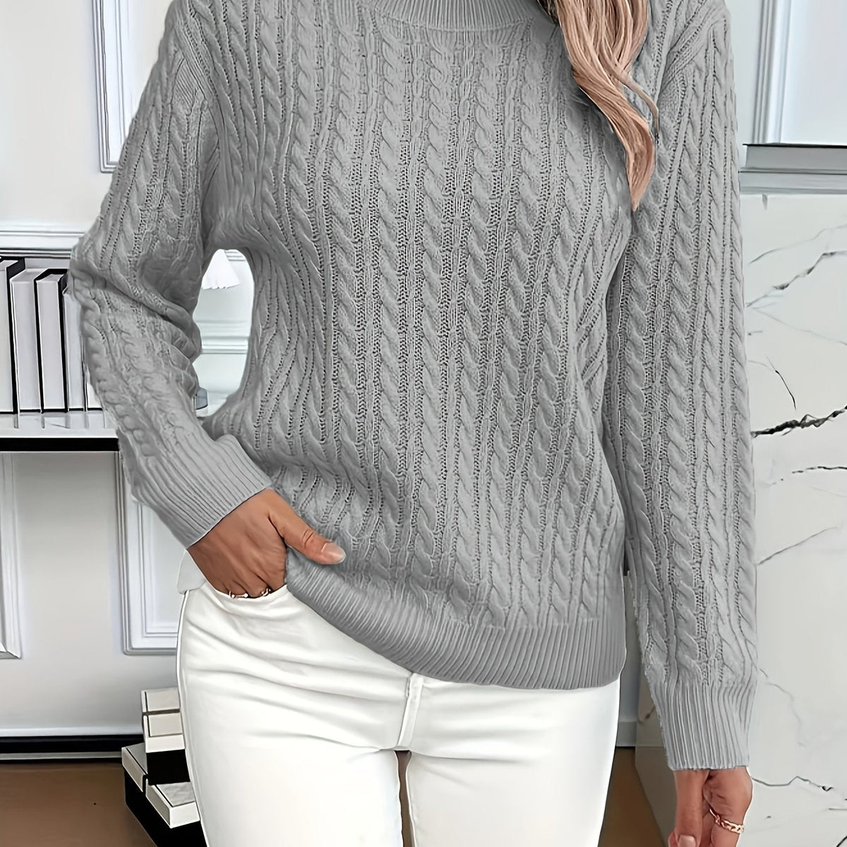 Women's Cozy Cable Knit Sweater Crewneck Long Sleeve Casual Everyday
