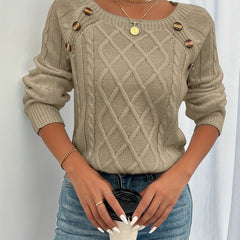 Women's Elegant Cable Knit Sweater Crewneck Long Sleeve Button Detail Stylish