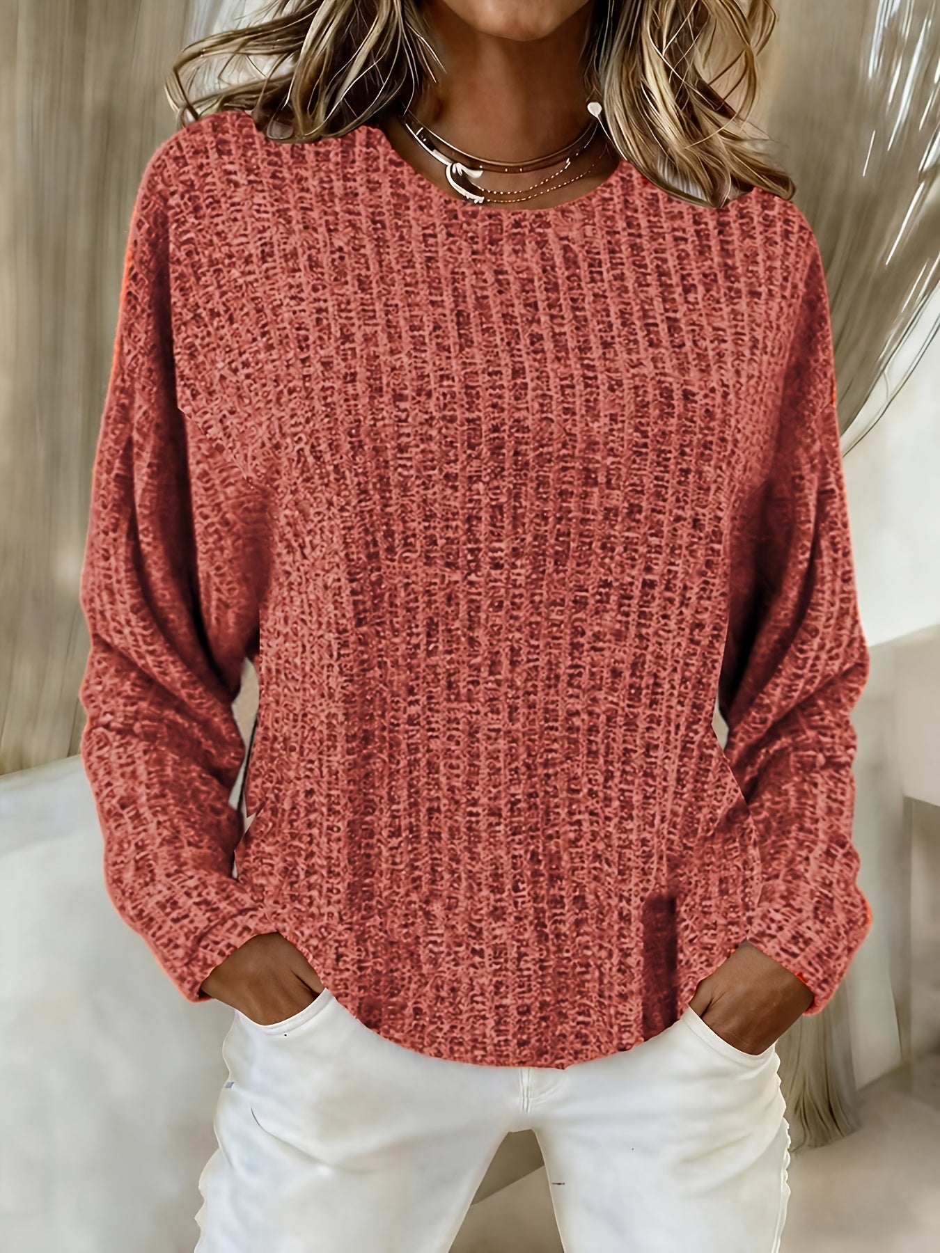 Women's Waffle Knit Tunic Sweater Curved Hem Long Sleeve Casual Everyday